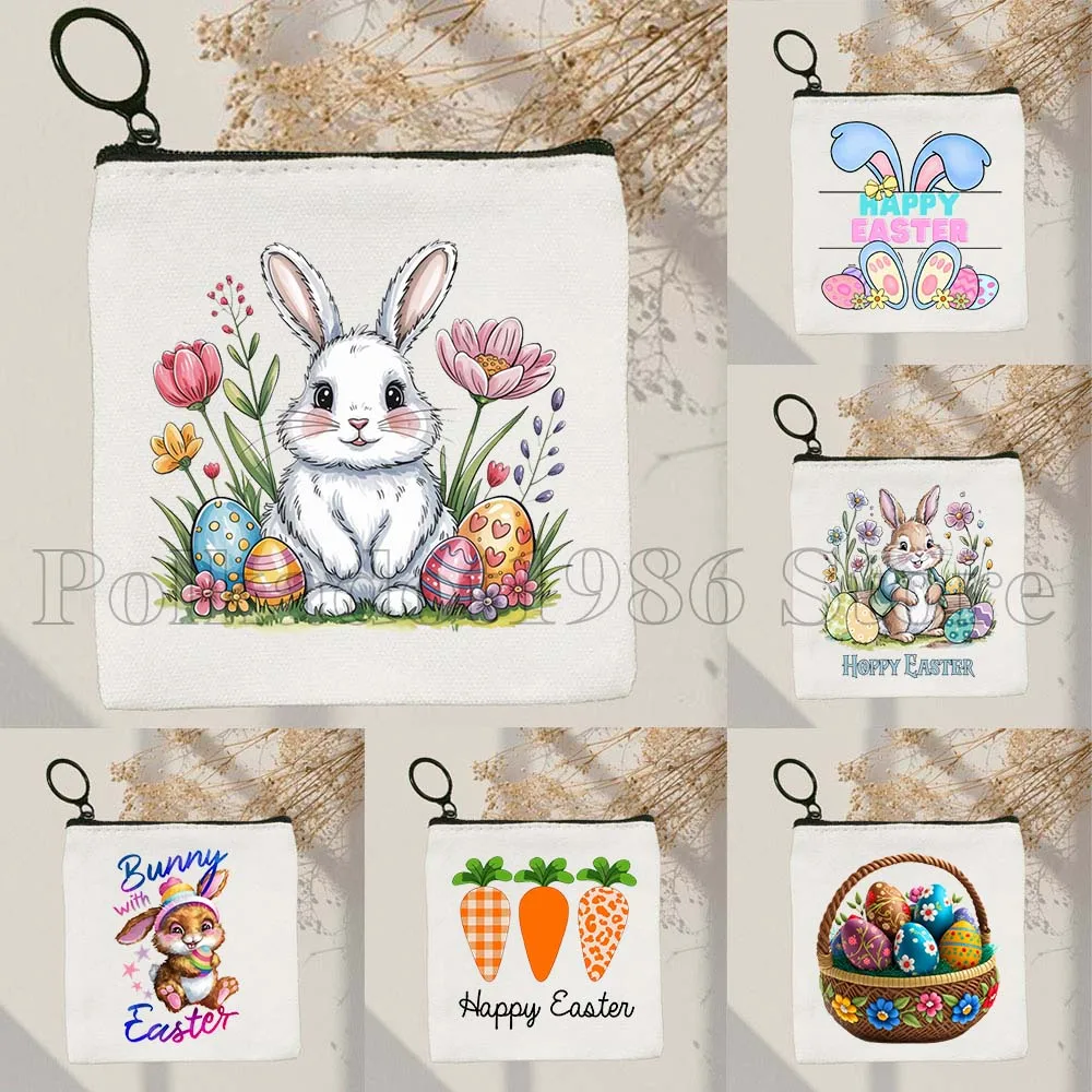 

Cute Rabbit Easter Bunny Basket Easter Eggs Happy Easter Day Flowers Moms Girls Gift Canvas Coin Purse Key Case Bag Wallet Pouch