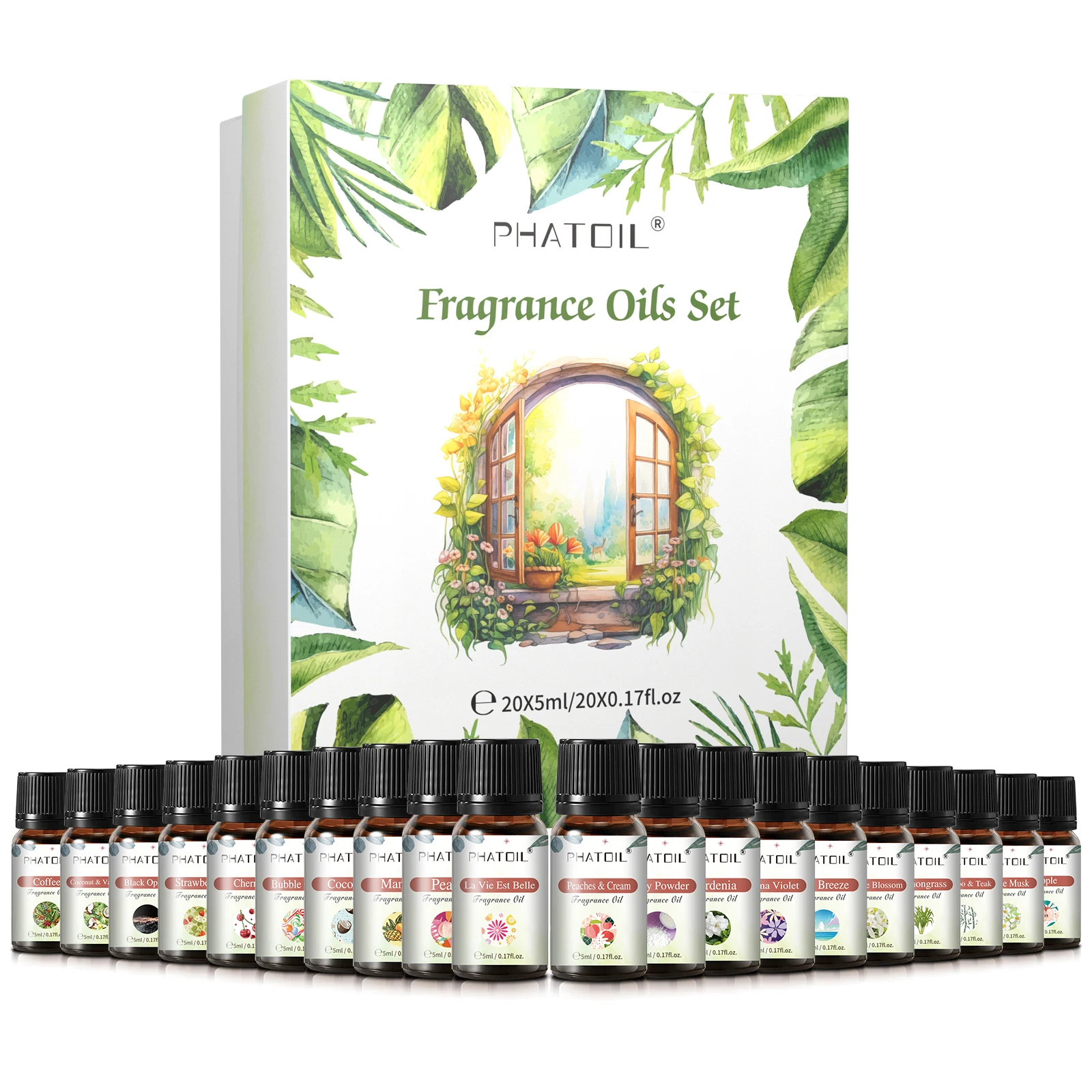 PHATOIL 20PCS Aromatherapy Fragrance Oil Set for Diffuser Candle Making-5ml Coconut & Vanilla White Musk Mango Baby Powder Peach