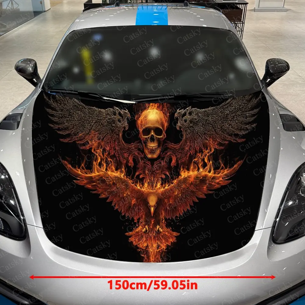 Flame Wing Skull Phoenix Rebirth Car Vinyl Wrap, PVC Waterproof Car Hood Sticker, Self-Adhesive Scratch-Resistant Stickers