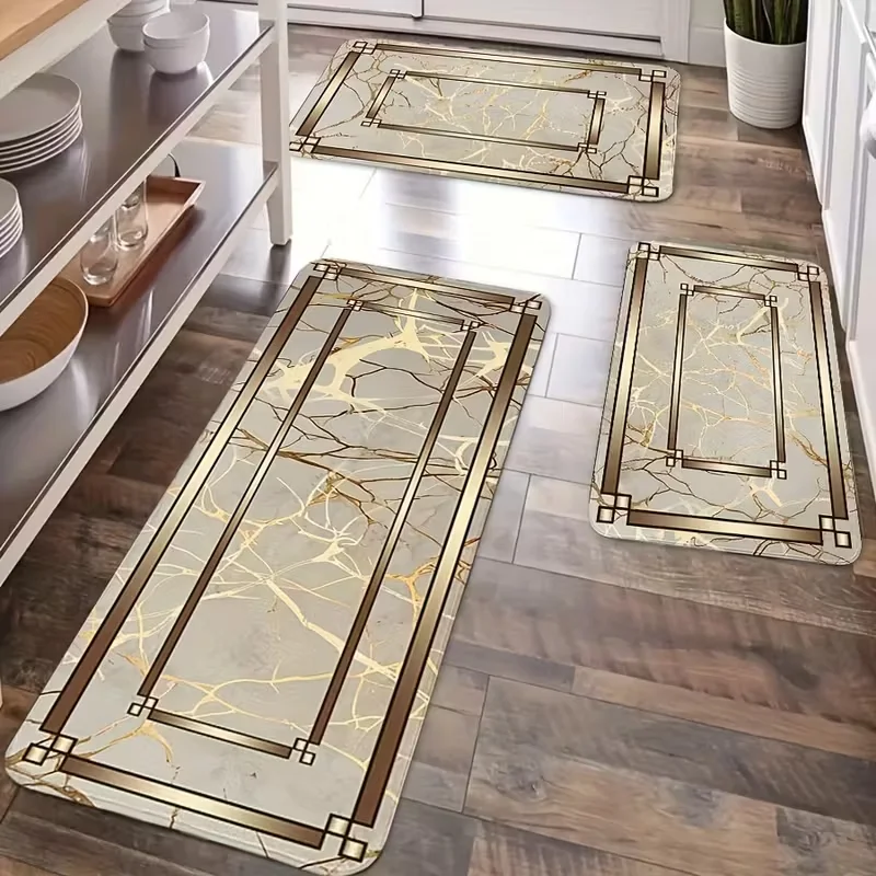 Marble Long Hallway Rug Runners, Modern Gold Texture Indoor Door Mat, Cozy Breathable Foldable Carpets Kitchen Floor Mat