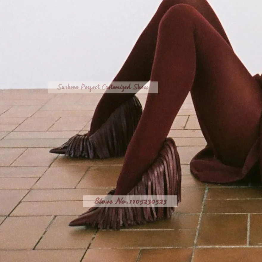 Burgundy Fringe Pointed Toe Pumps Turn Over Long Tassel Stiletto High Heels Fashion Runway Party Customized Heels Slip-on Pumps