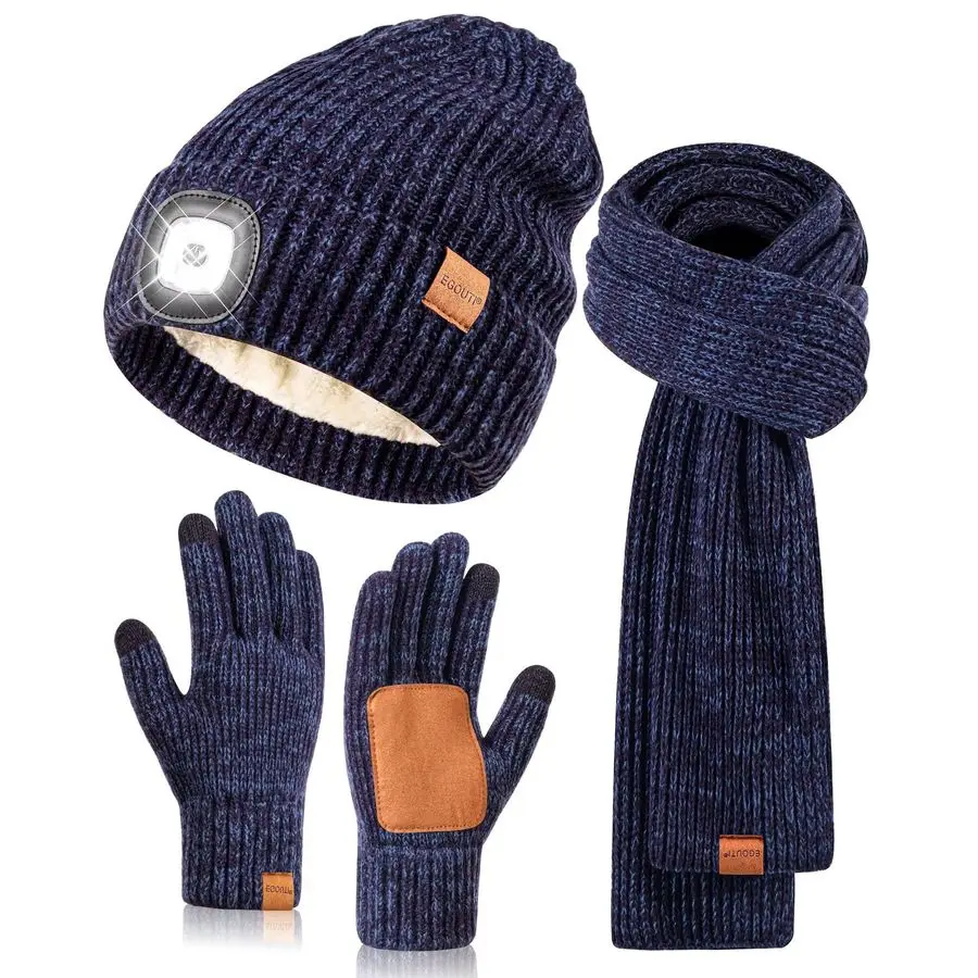 

Gloves Scarf Set, Winter Hat with Light Built in Headlamp Caps Long Scarf Touchscreen Gloves, 3 in 1 Warm Gift Set