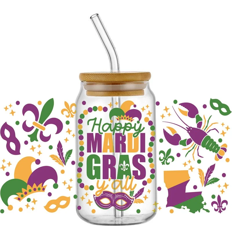 3D Mardi Gras Waterproof Decal UV DTF Transfers Sticker Cup Wrap for 16oz Libbey Glasses DIY Washable Mug Sticker