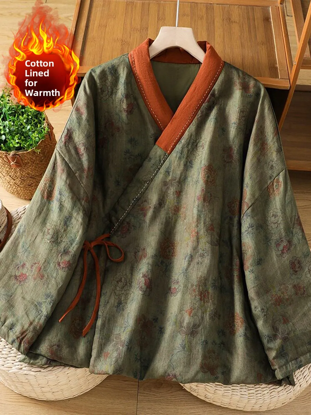 Chinese Style Cotton Linen Printed Shirt Large Size Women's Spring Autumn Zen Belted Reformed Hanfu Warm Top V-neck Long Sleeve