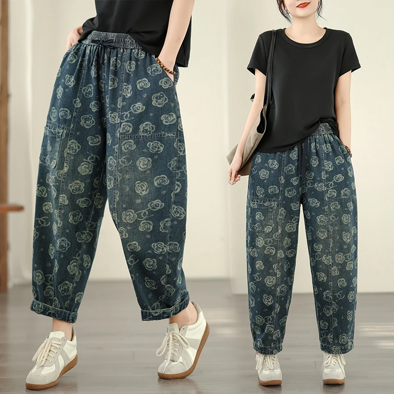 

Loose Rose Print Casual Jeans Women's plus Size Spring Autumn New Sle Harlan Pants Flared Legs Comfortable Fit Trousers
