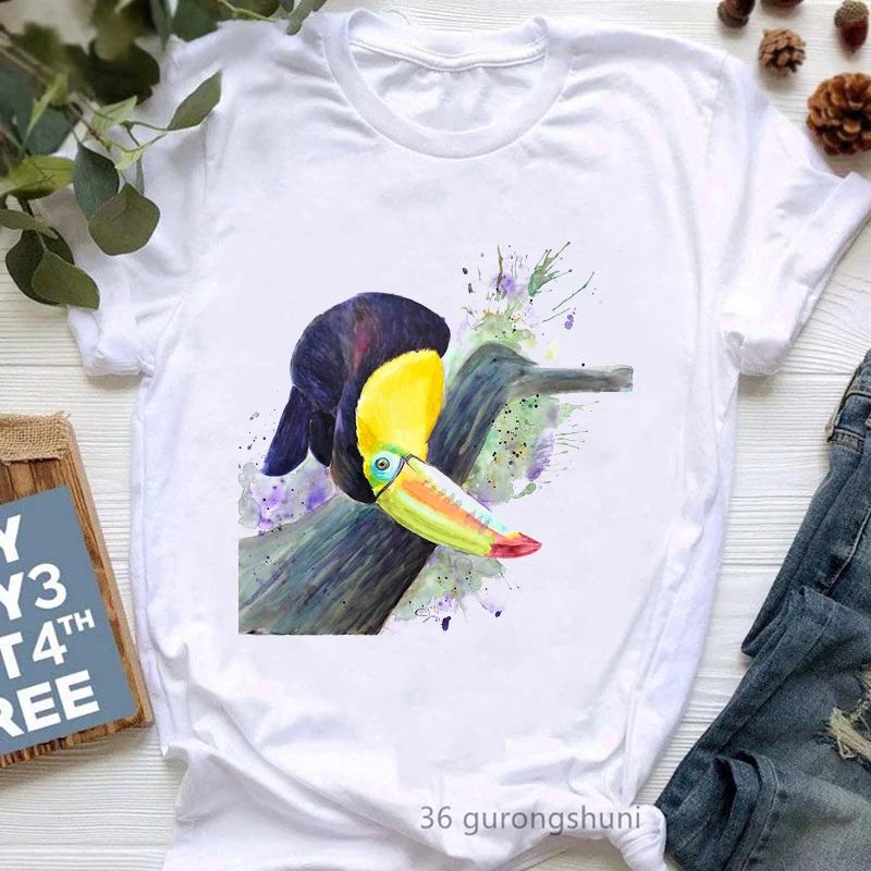 Watercolor Toucan Portrait Print Tshirt Girls Harajuku Kawaii Clothes Funny White T Shirt Femme Summer Fashion Female T-Shirt