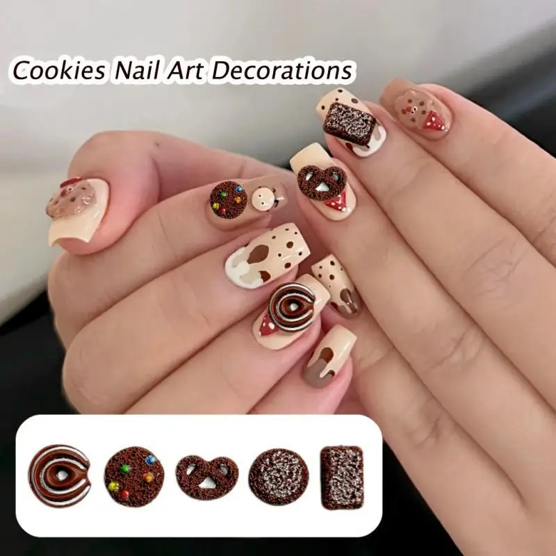 Simulated Luminous Cookies Nail Charms 3D Cartoon Biscuits Coffee Colored Resin Nail Art Accessories DIY Nails Decorations