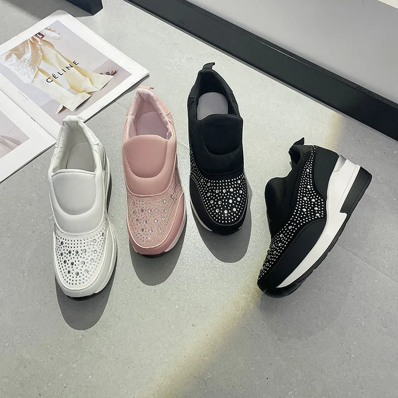 Rhinestone Sneakers for Women 2023 New Spring Black Slip-On Ladies Casual Ladies Sneakers Breathable Mesh Light Vulcanized Shoes