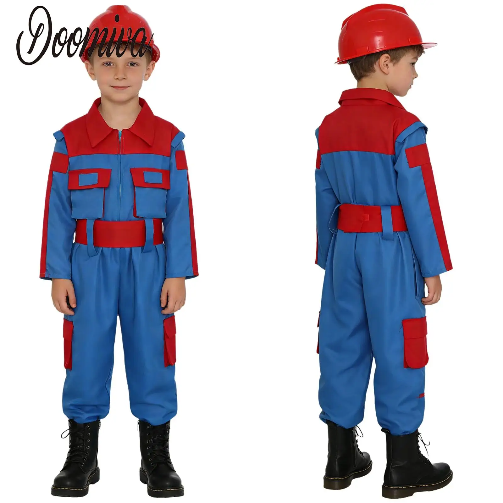 

Boys Girls Construction Worker Cosplay CostumeOutfit Engineers Electricians Dress-up Set Long Sleeve Top Pants and Helmet Gloves