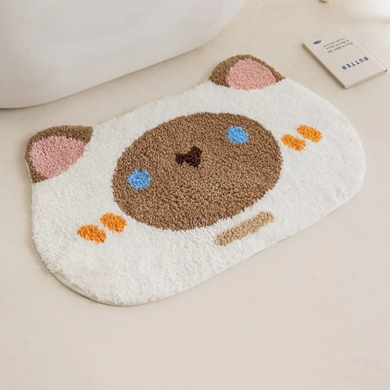 Cartoon Cat Flocked Carpet Kids Room Bath Mat Non-Slip Doormat Absorbent Bedside Rug Plush Nursery Floor Mat Cozy Home