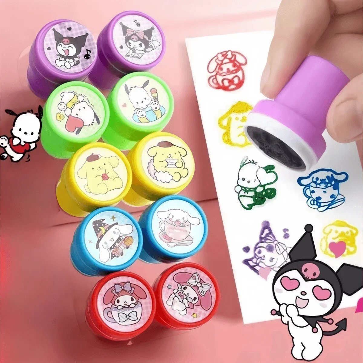 10pcs HelloKitty Melody Kuromi Cinnamoroll Pompom Purin Seal Cute Reward Cartoon Seal Handbook Stationery Gift Award Item Points