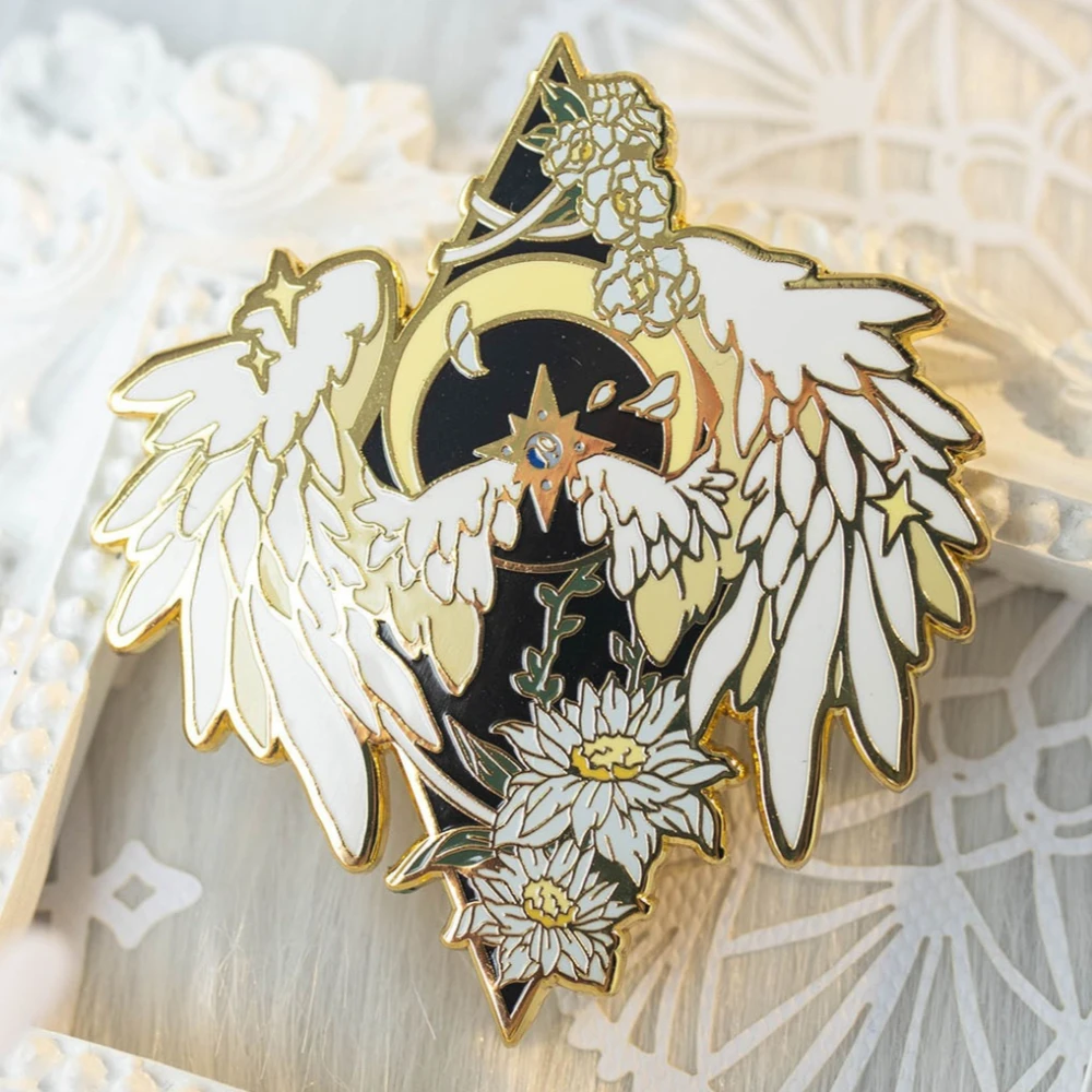 Fantasy Sacred Style Angel, Star, Moon and Flower Enamel Badge Gentle White Flower Gift for Hope Protection Lovers