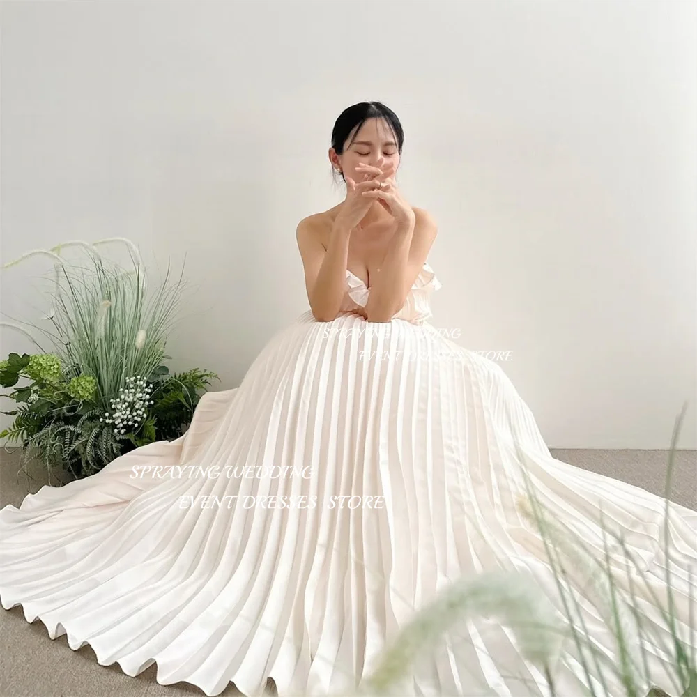 SPRAYING-vestido de novia sencillo de tafetán de marfil, sesión de fotos de Corea, vestidos de novia largos arrugados sin tirantes, corsé personalizado Dende