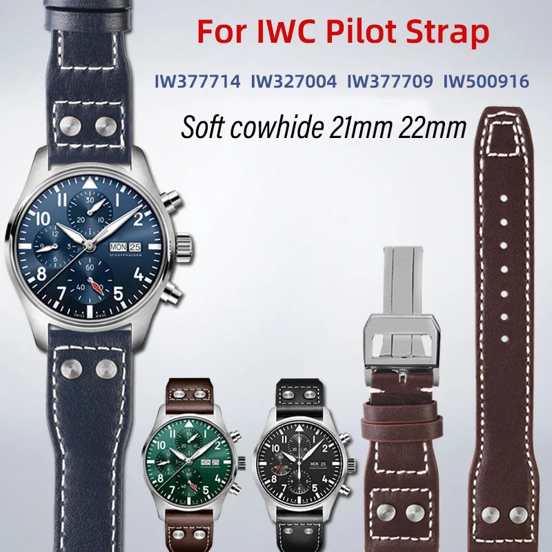 21mm 22mm High Quality Leather Watch band For IWC Pilot Mark cowhide Watch Strap Rivets Black Blue Folding buckle Accessories