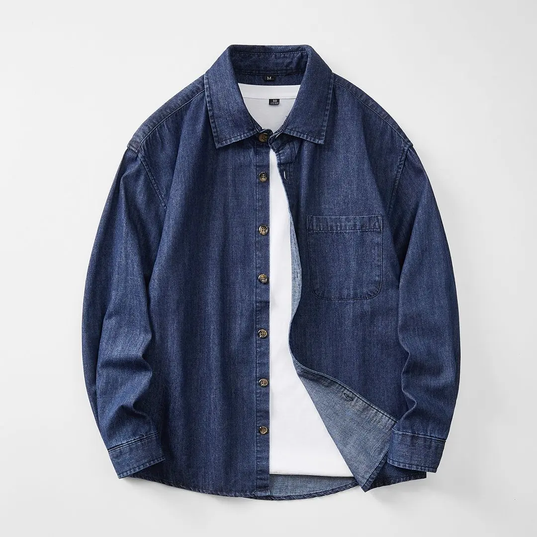 Japanese Denim Tooling Shirt Men Harajuku Streetwear Fashion Loose Casual Long Sleeve Jeans Shirt Man Clothes