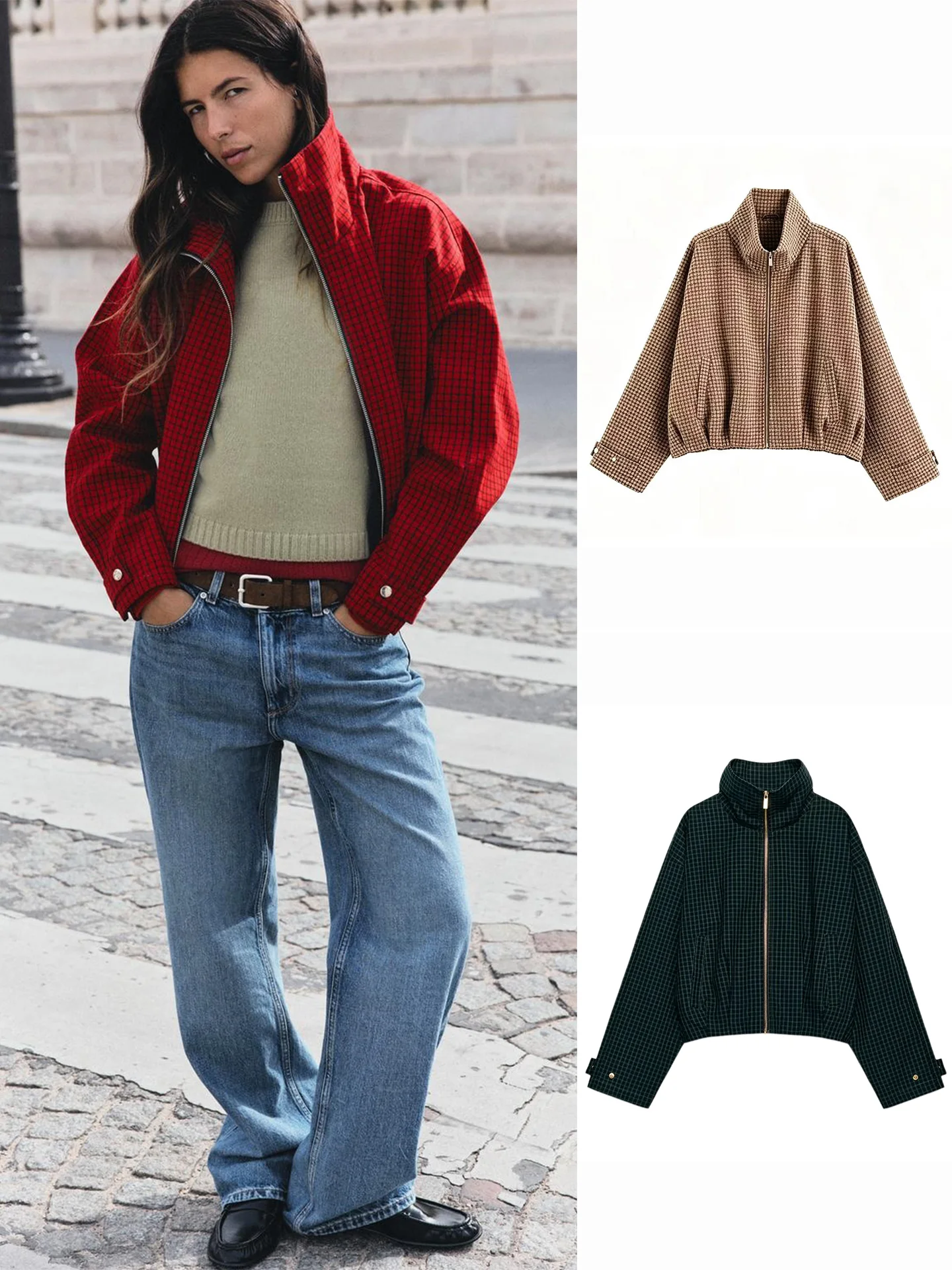 Fall New Women's Long Sleeve Stand Collar Zipper Short Plaid Pilot Jacket Outerwear Casual Style Polyester Fiber 6318268