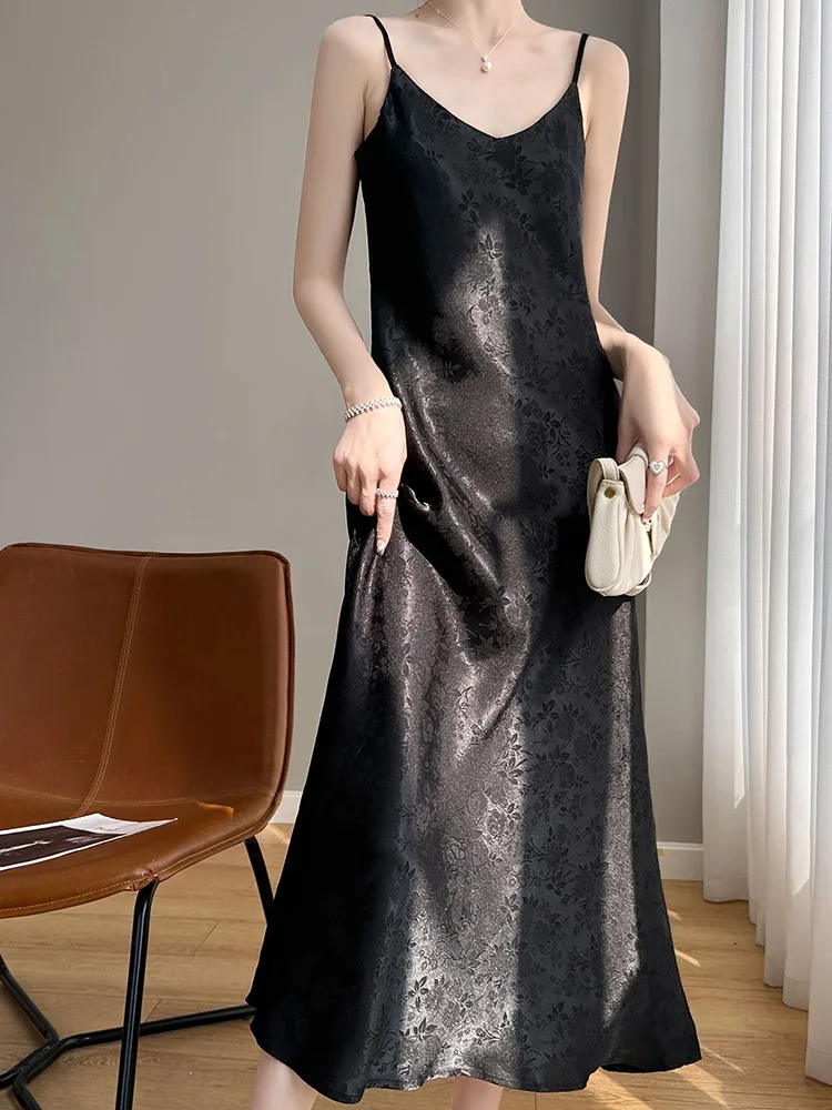 Ele soie Satin longue Dr femmes été Sexy couche de Base v-ne a-ligne robe coréenne Sle tenue décontracté sans Sve