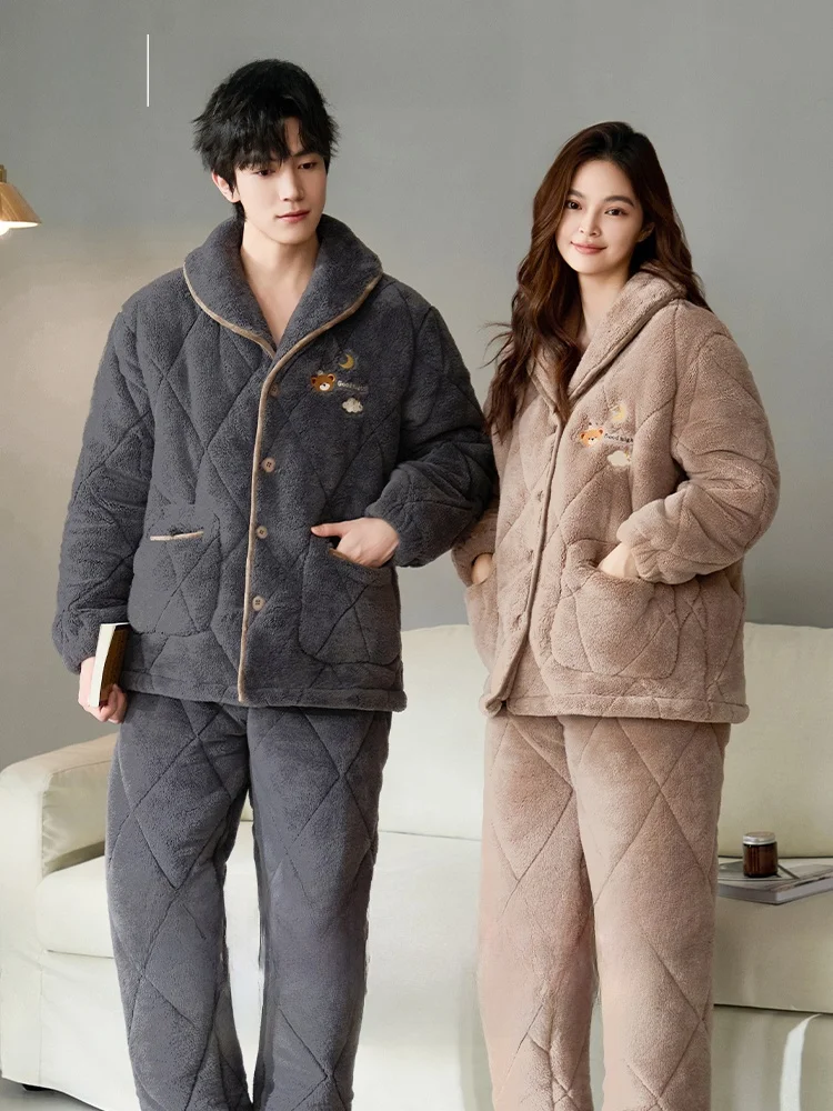 Couple's Sleepwear Thickened Coral Fleece Padded Cotton Three-Layer  Person Home Clothes Warm Cute Autumn Winter New Style