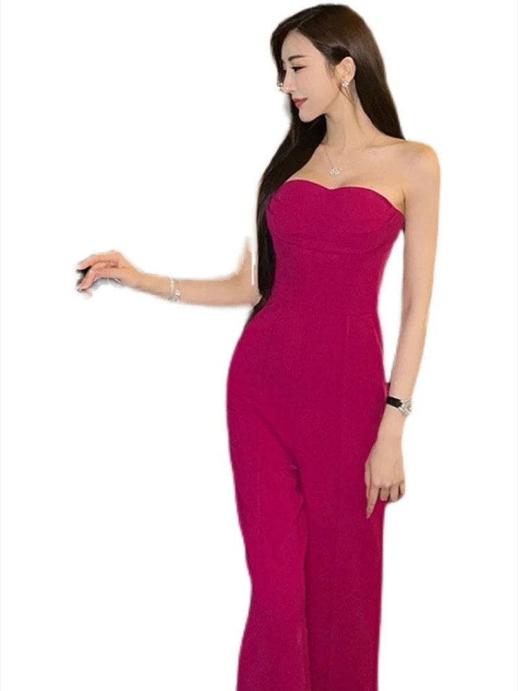 Strapless Jumpsuits Women Elegant Rose Red Party Jumpsuits Ladies Stretch Slim Straight Leg Bra Rompers Floor Length Clubwear