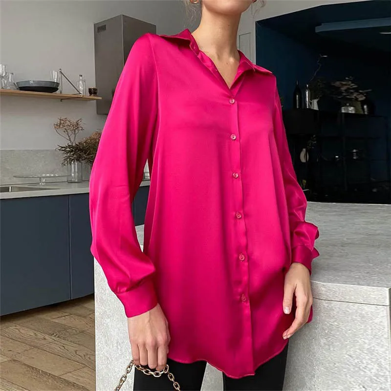 Blusa de seda satinada para mujer, camisa holgada azul de manga larga con solapa informal, cárdigan elegante con botones para oficina, primavera y