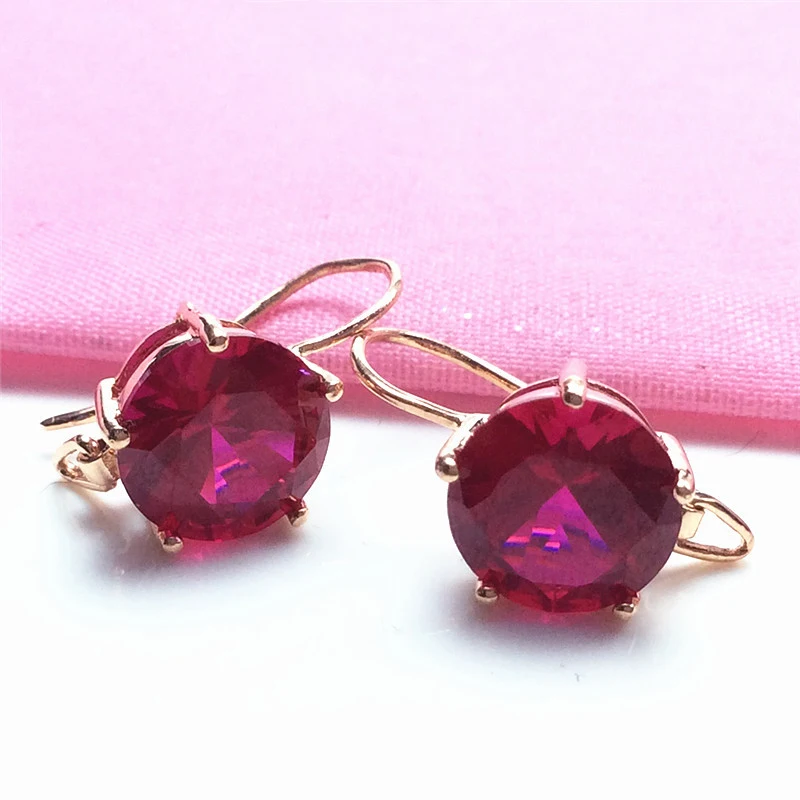 

585 purple gold five-prong inlaid round ruby earrings for women14K rose gold charm classic wedding attendance banquet jewelry