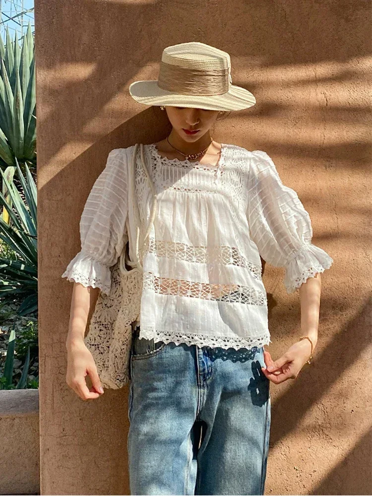

Элегантная французская сексуальная летняя блузка, рубашка, белая хлопковая кружевная прозрачная женская блузка с пышными рукавами, женские повседневные топы