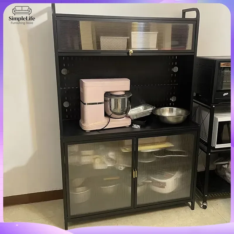 Floor Standing Kitchen Cabinet with Doors Carbon Steel Storage Organizer for Utensils Cookware and Tableware Space Saving
