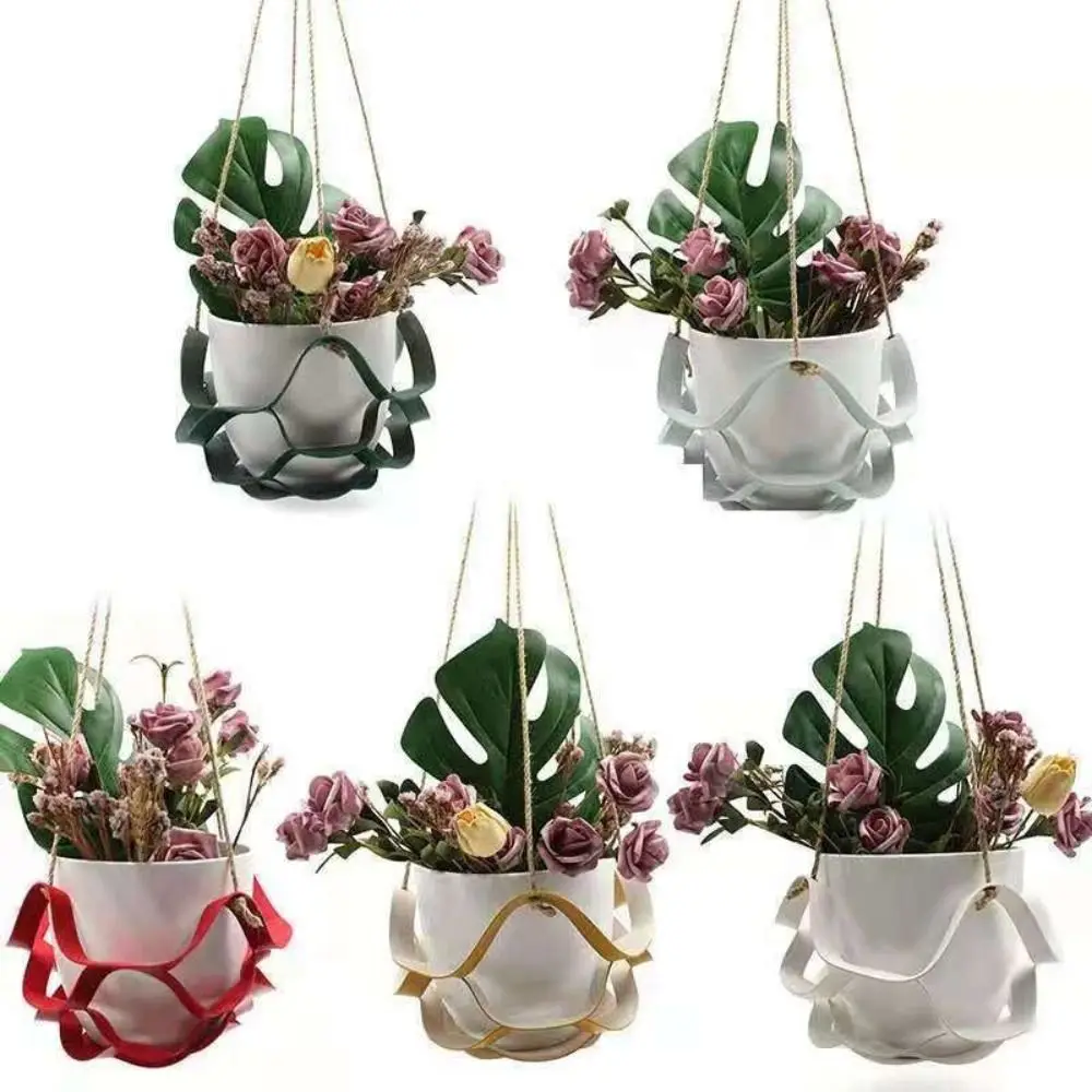 

Ripple Leather Hanging Plant Basket Multiple Colors Net Bag Hanging Planter Holder Flowerpot Woven Rope Hanging Potted Basket