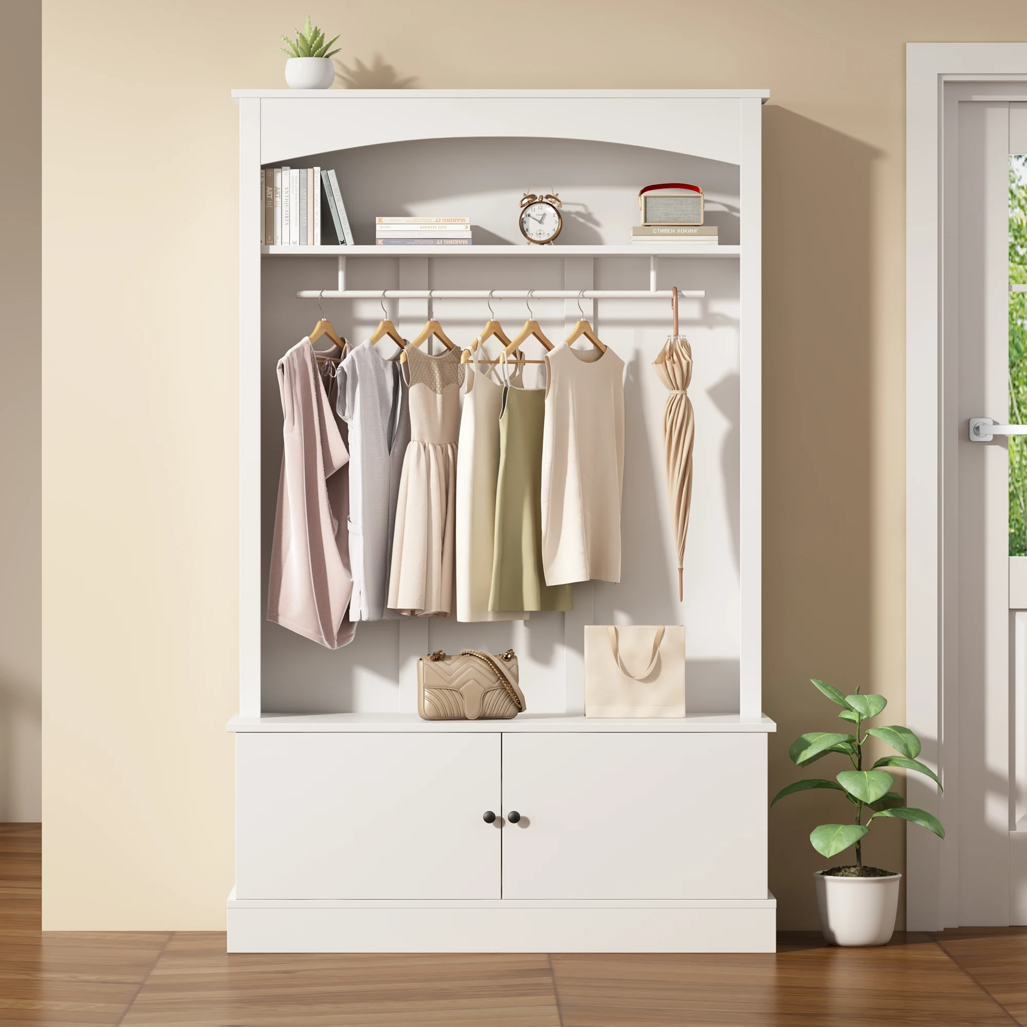 Meuble de couloir 5-en-1, avec banc à chaussures et porte-vêtements, stable, pour couloir, usage quotidien. Espace de rangement, panneaux de particules – blanc