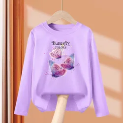 New Girls Autumn Clothes Butterfly Graphic T-shirt 3-14 Age Kid Long sleeved Cotton Tops Fashion Brand Tees