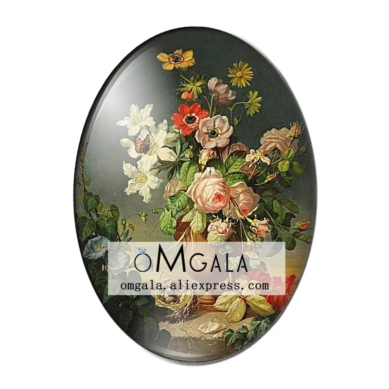 Vintage Oil Painting Rose Flowers 10pcs 13x18mm/18x25mm/30x40mm Oval photo glass cabochon demo flat back Making findings