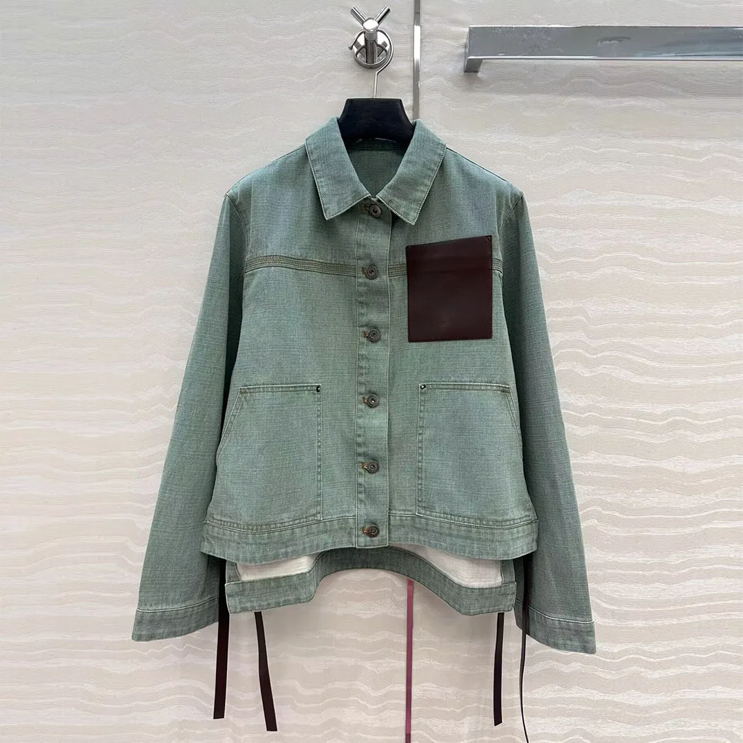 

Autumn Vintage Loose Green Denim Jacket Women Lapel Pockets Patchwork Side Leather Belt Single Breasted Casual Streetwear Coat