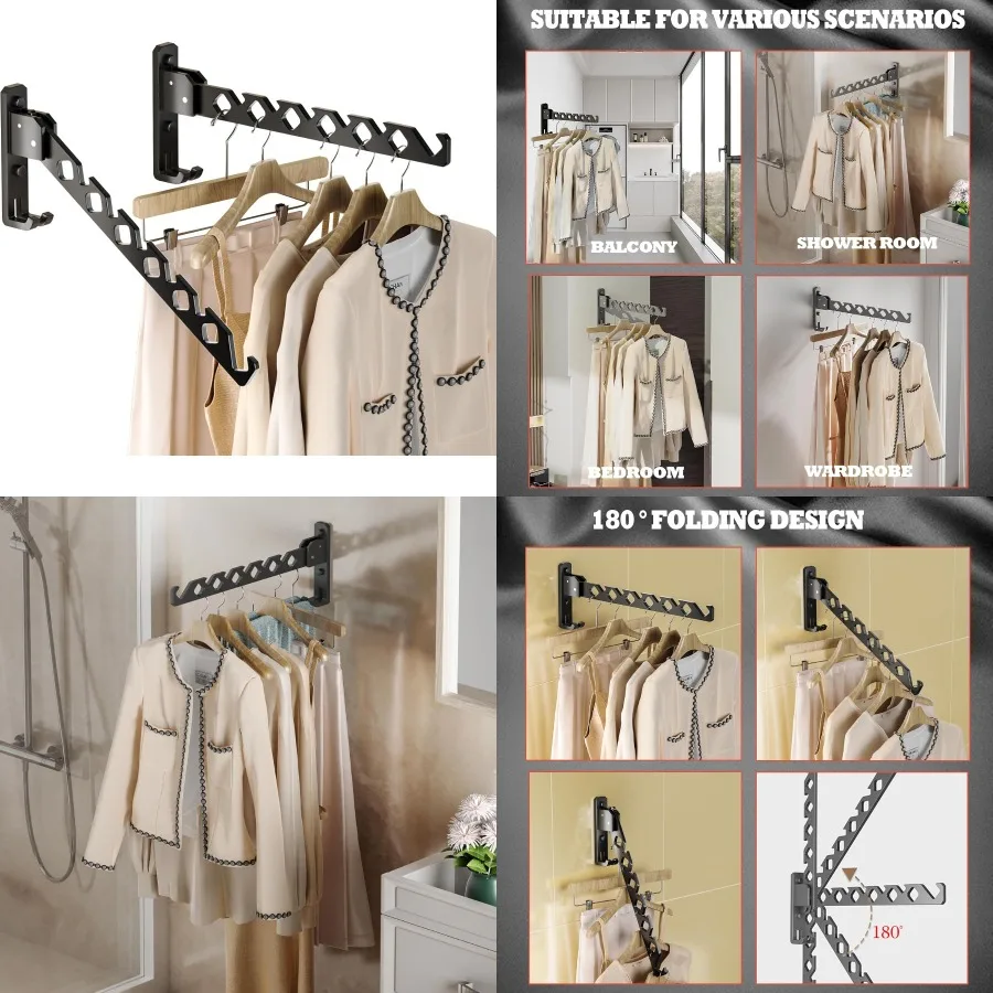 

Wall Mount Coat Hanger Holder Black Clothes Drying Organizer Rack Garment Hooks Aluminium Retractable Folding Indoor Wall Mount