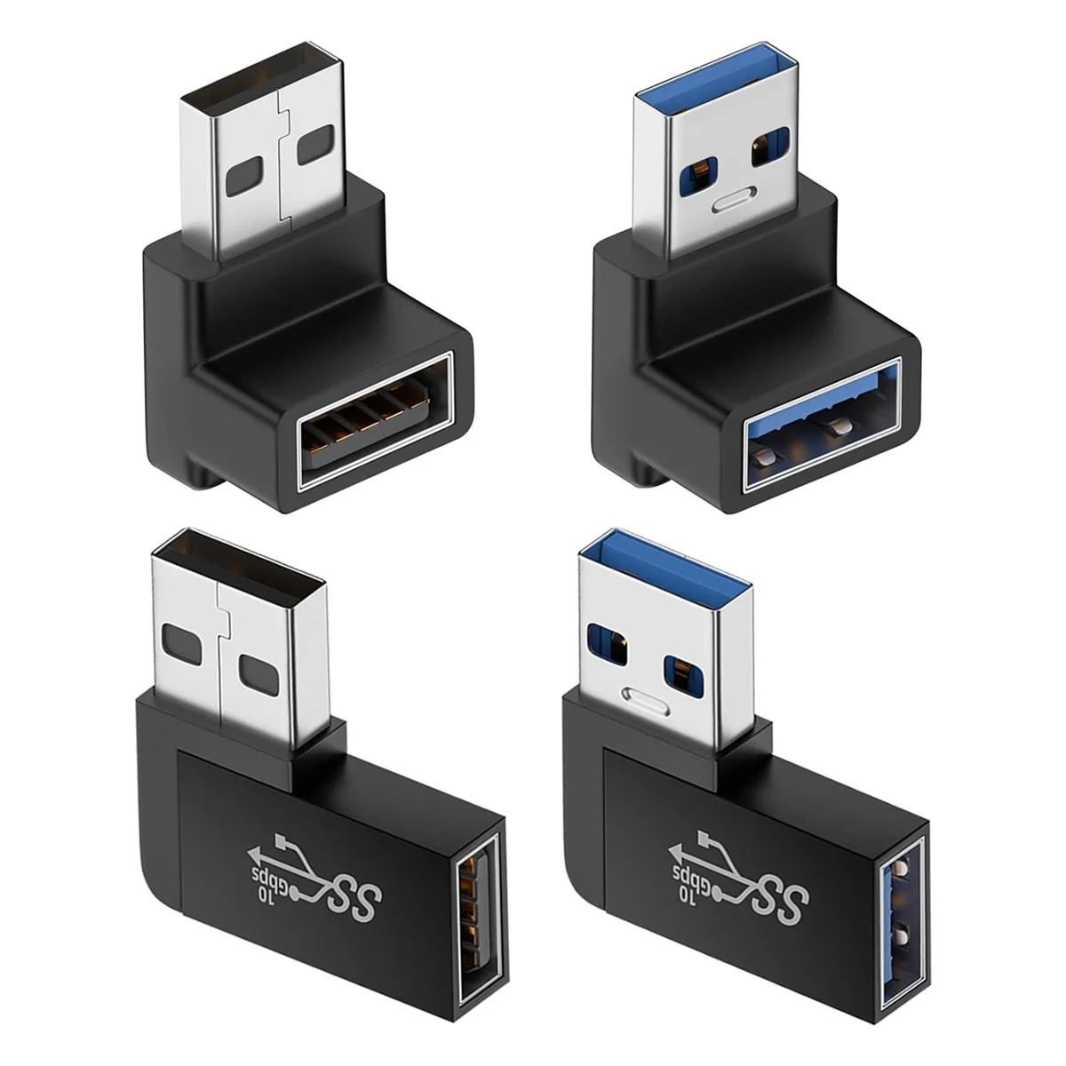 4 Pack USB 3.0 Adapter Vertical Up and Down Angle, Horizontal Left and Right Angle USB Male to Female Extender Connector