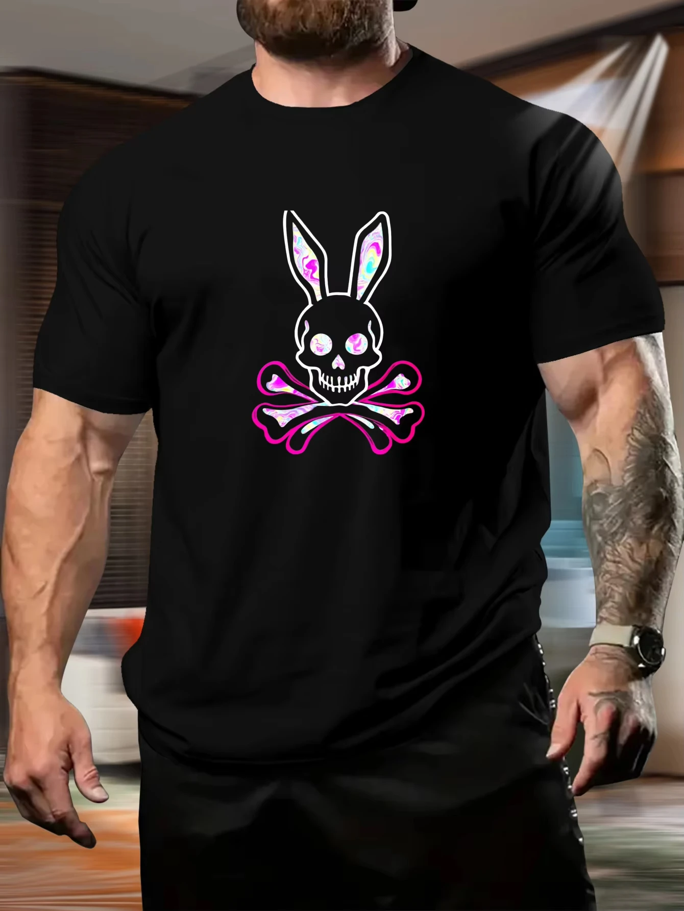 

Футболка унисекс с коротким рукавом - с вышитым узором в виде кроличьего черепа - повседневная модная одежда - дышащий и универсальный топ из чистого хлопка