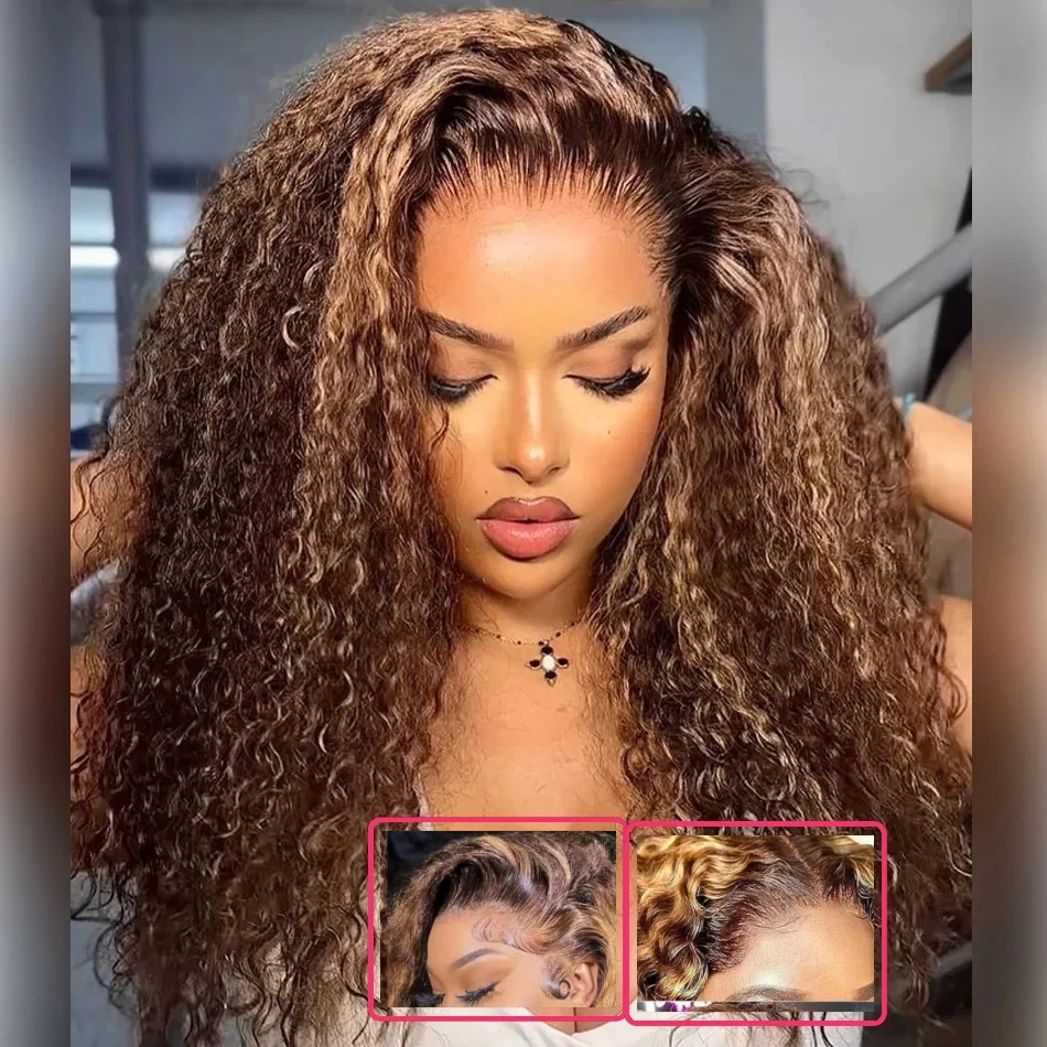 

Парик из натуральных волос Deep Wave Curly с медово-русыми прядями, парик с HD-кружевной застежкой 5x5, безклеевой парик из натуральных волос для женщин