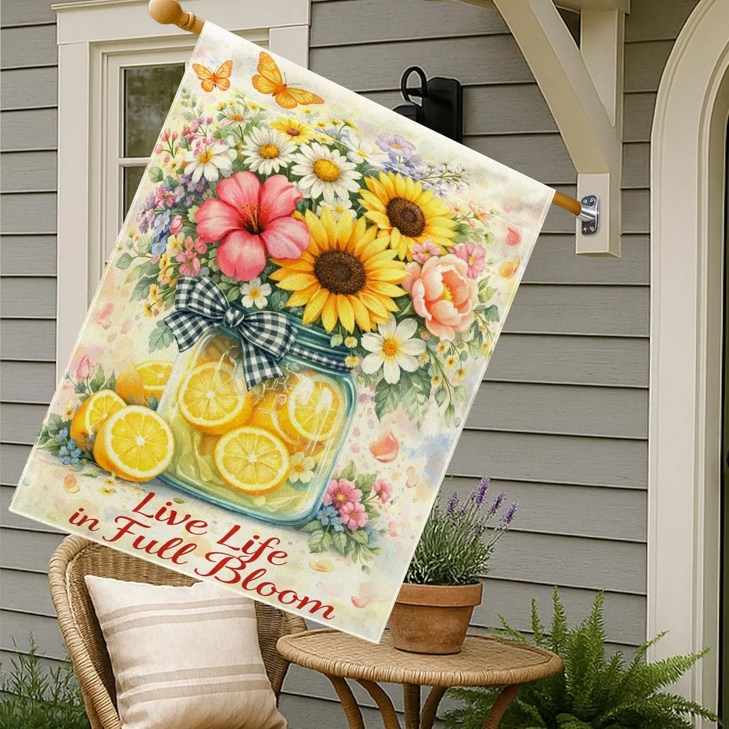 Sunflower House Flag, Spring Fanciful Lemon Butterfly Spring Yellow Double Sided Burlap Outside Large Garden Flag for Outdoo AAS