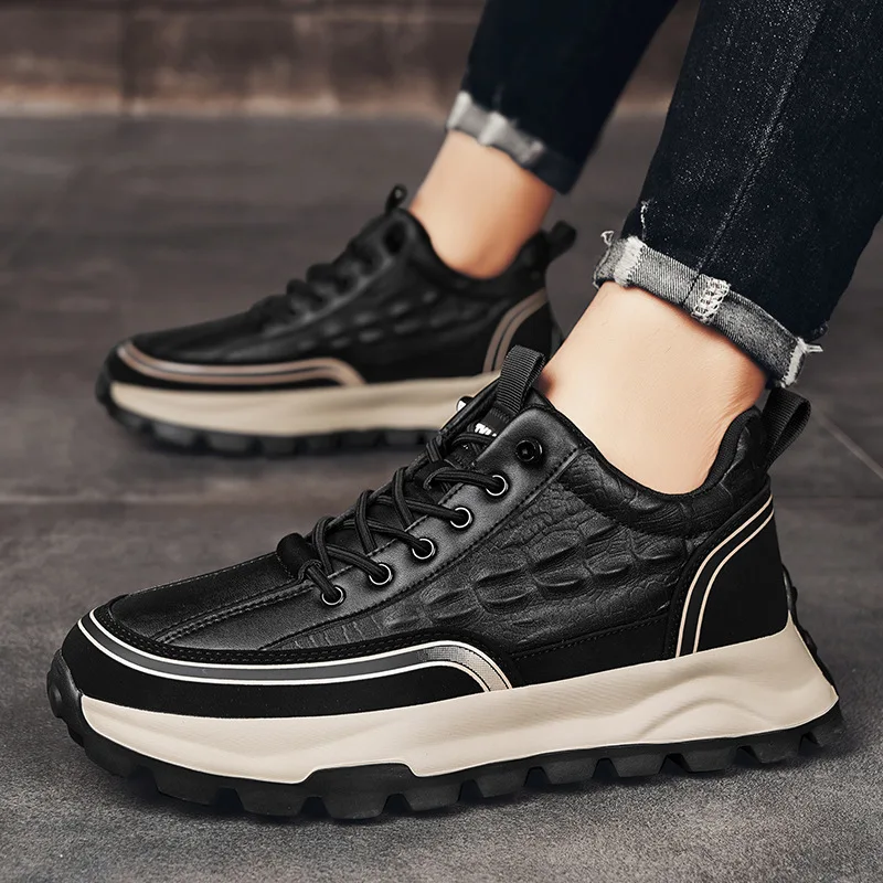 Men's Soft Leather Shoes Thick Sole Male Adult Drawstring Lace-up Gym Sneakers Men Retro Casual British Style Non Slip Footwear image 2