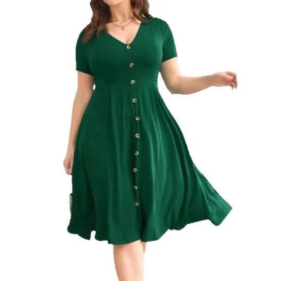 

Women's Plus Size Spring and Summer New Arrival Solid Dark Green Fashionable Sexy V-Neck Waist-Cinching Short Sleeve Midi Dress