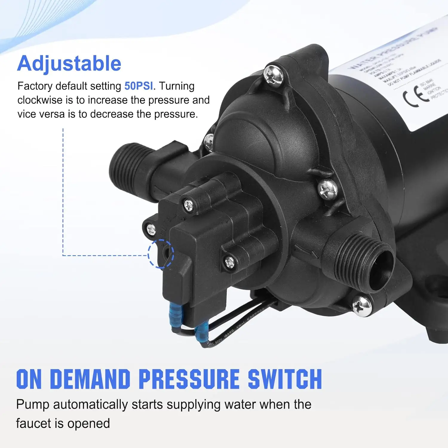 

33-Series Industrial Water Pressure Pump 110V AC 4.0GPM 50PSI RV Fresh Water Diaphragm Pump include Garden Hose Adapters·On Sale