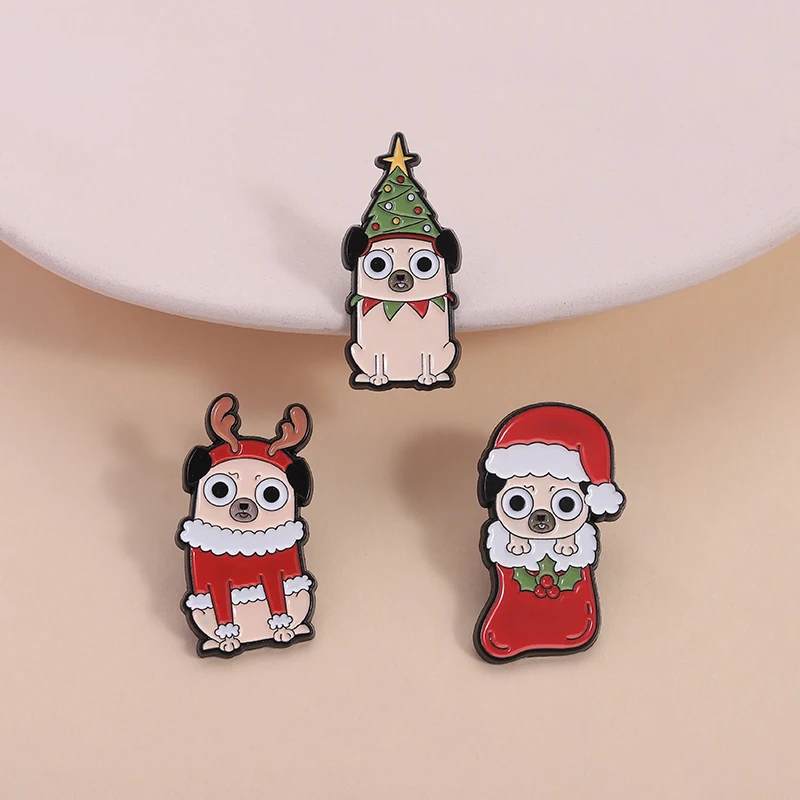 Christmas Animal Enamel Pin Green Monster Heart Hands Cartoon Pug In Stockings Magic Crystal Ball Brooches Jewelry Gifts for Fri