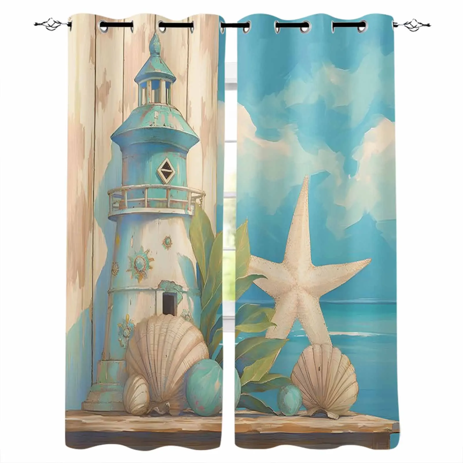 Summer Ocean Lighthouse Starfish Shell Curtains for Living Room Window Decoration Curtains in Home Kitchen Luxury Bedroom Drapes