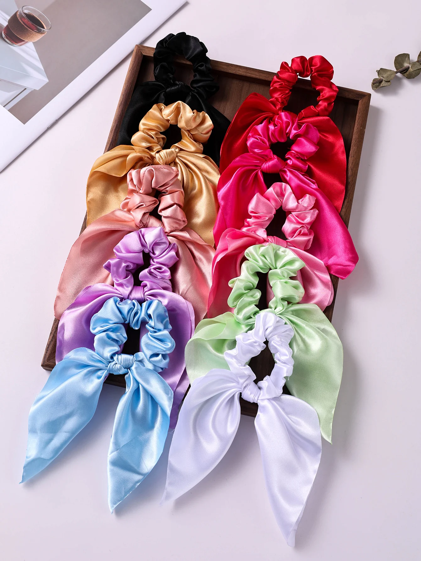 

10Pcs Satin Bow Scrunchies Set Solid Color Silk Hair Ties with Bunny Ears Elastic Hair Accessories for Women, Perfect for Daily