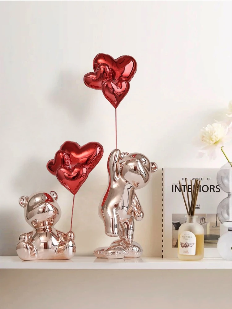 Home Decor Love Bear Figurine Nordic Modern Resin Animal Sculpture Balloon Flying Bear Ornaments Living Room Decoration Craft