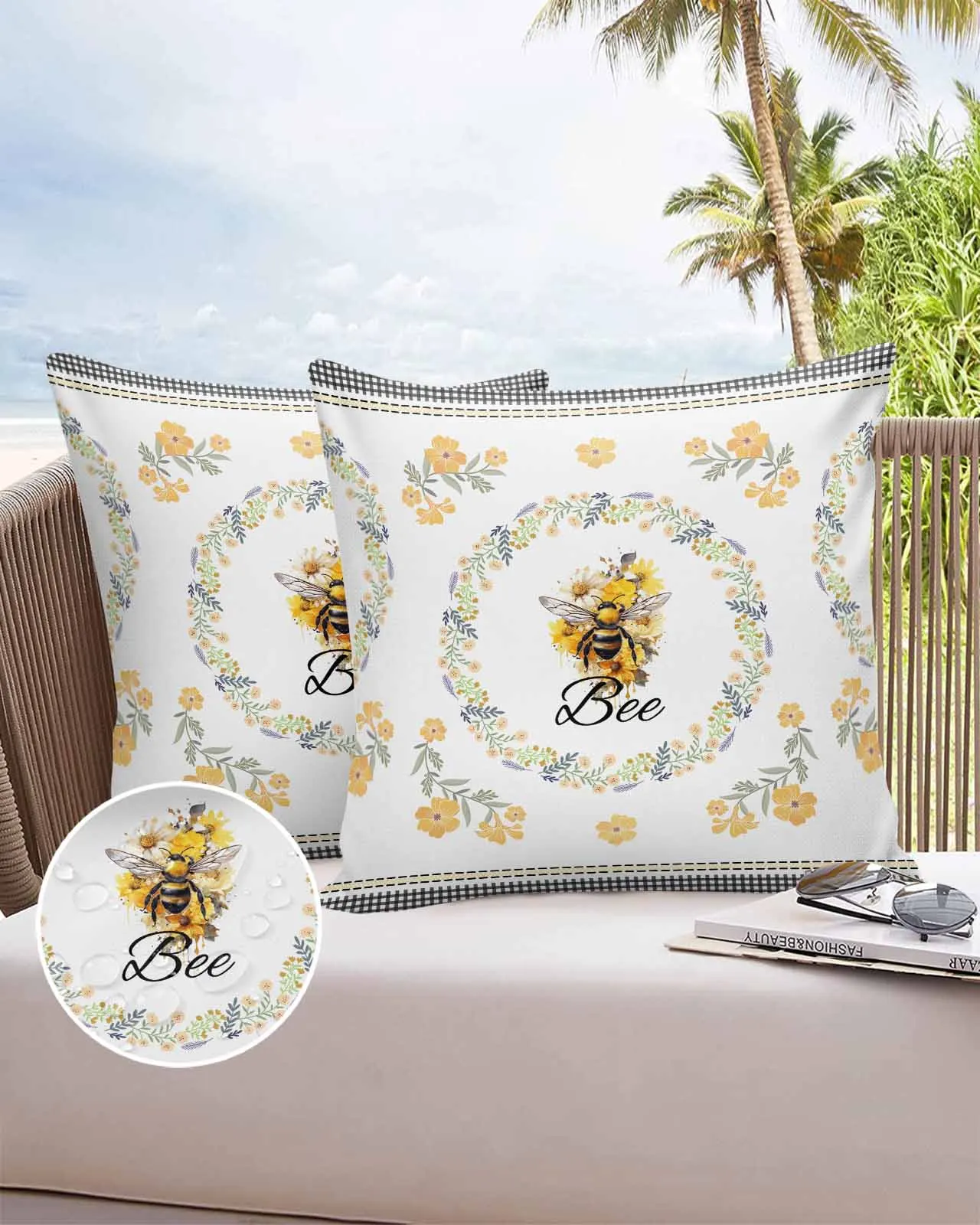 2/4PCS Outdoor Garden Chair Waterproof Cushion Cover Flower Bee Watercolor Wreath Home Decor Pillow Case Home Decor Pillow Case