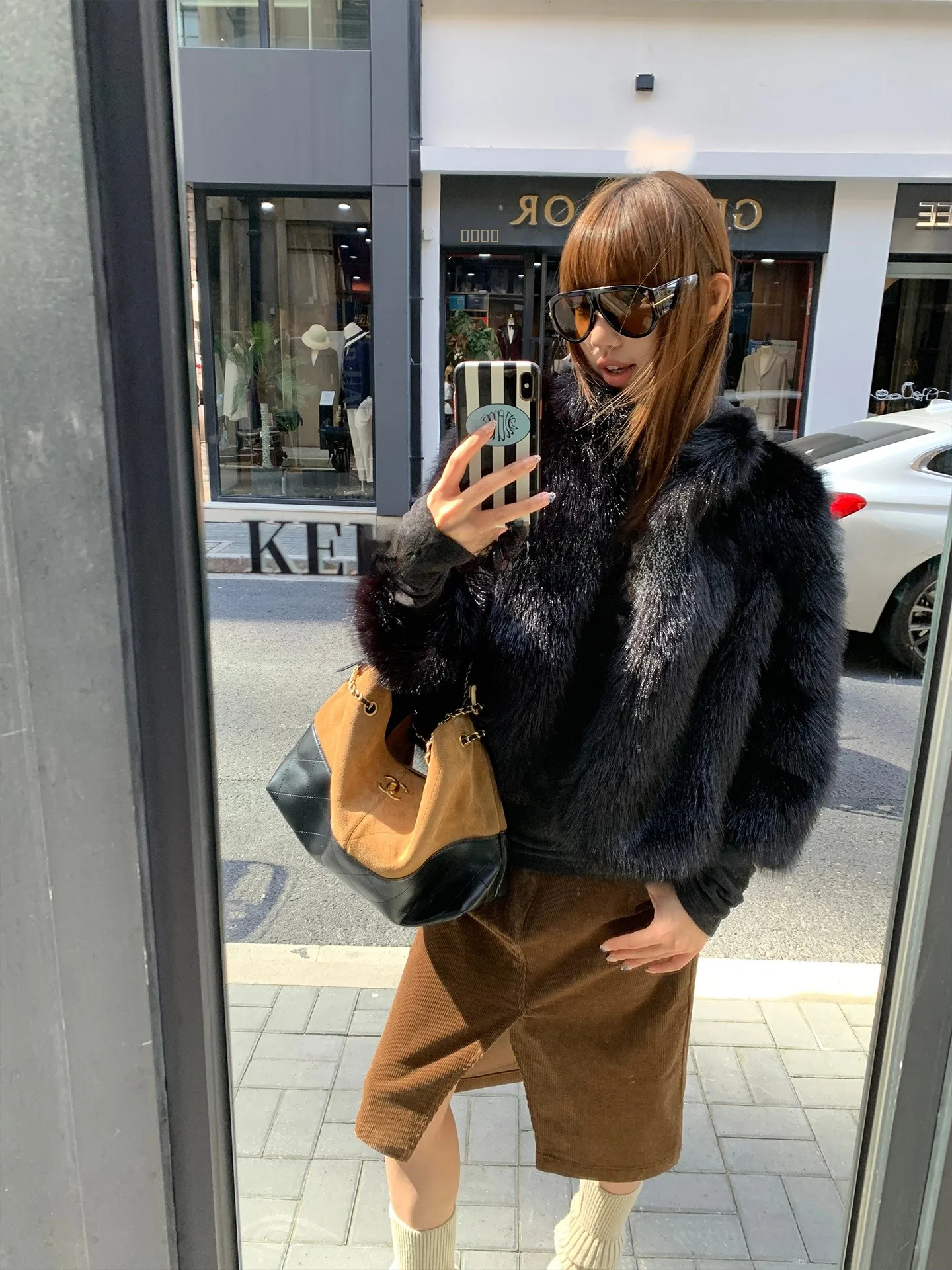 

Eco-Friendly Bla Fur Jaet Women's Winter New Sle Stand Collar Casual Loose Fit Long Sve Faionable Top