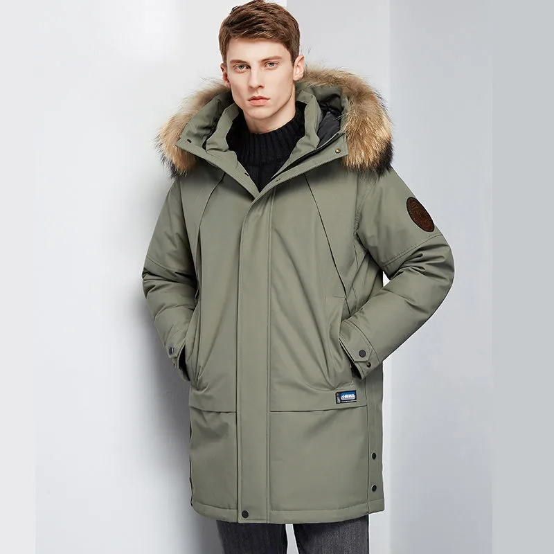 New Winter Hooded Mid-Length Men Down Jacket Casual Fashion Thicken Warm Fur Collar Parka All-Match Solid Color Outwear