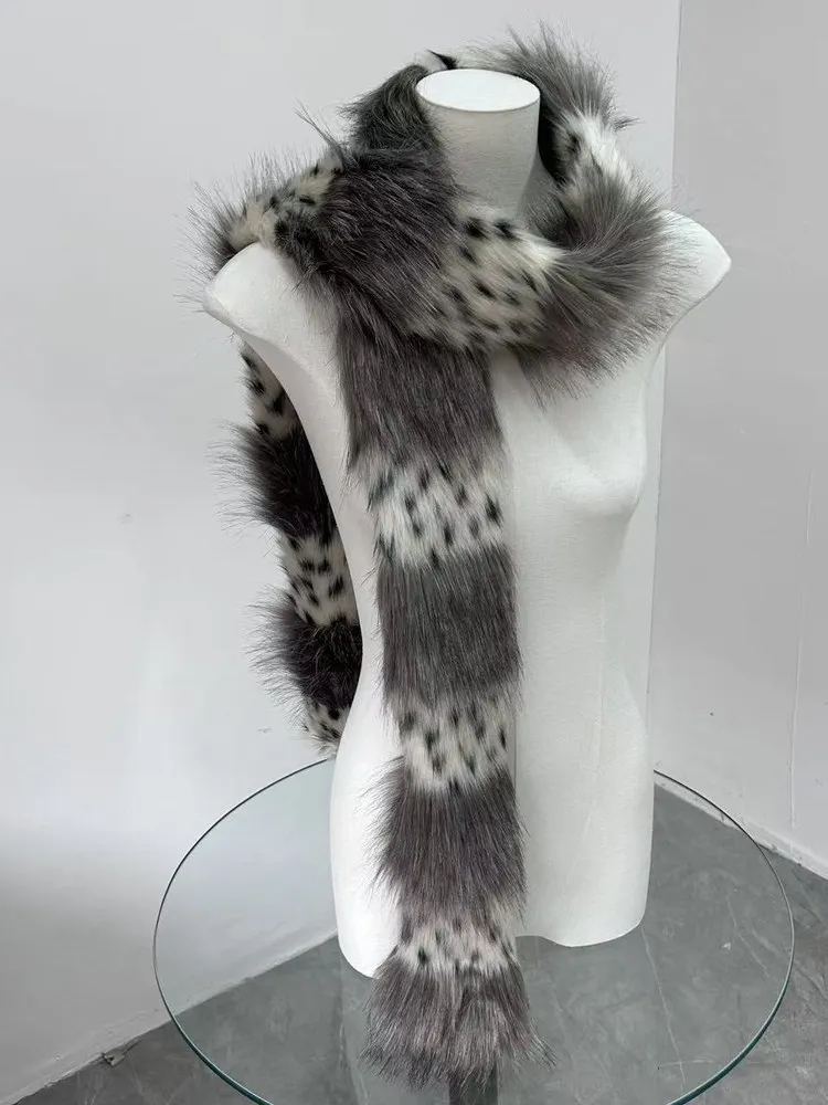 Y2K Striped Patchwork Leopard Scarf Women Slim Faux Fur Muffler Fluffy Long Fur Niche Winter Scarf Eco-Fur Styling Accessory
