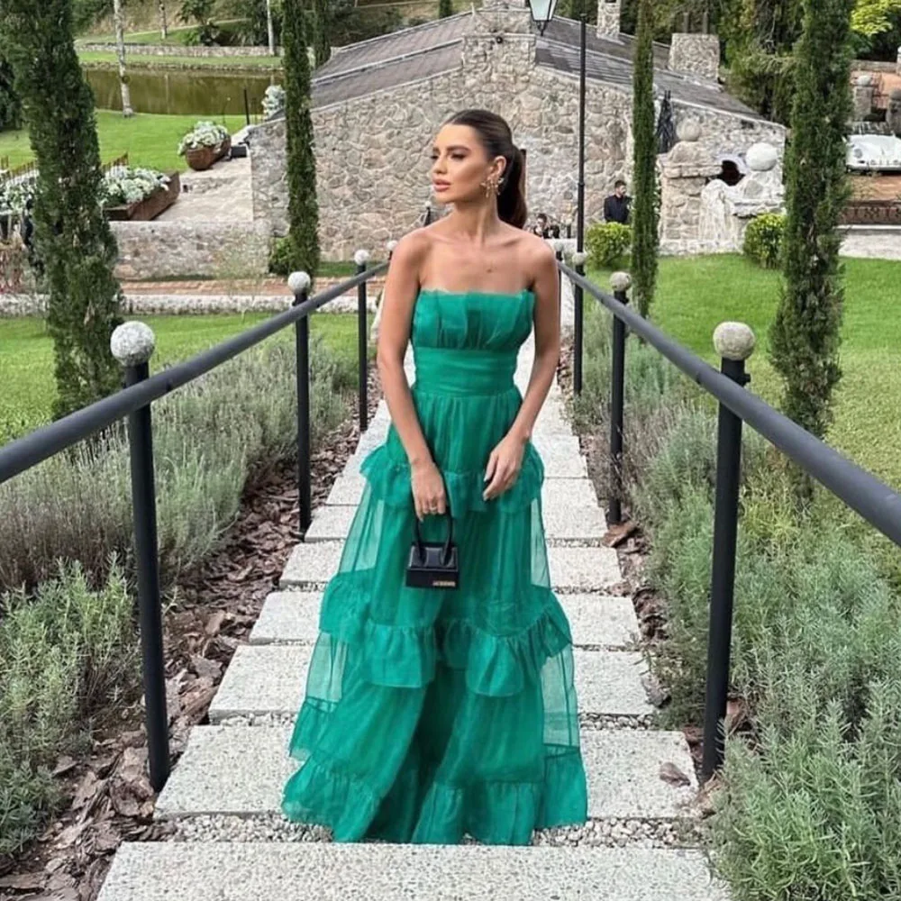 A Line Dark Green Prom Dress Strapless Homecoming Dress Robe De Ruffles Formal Party Vestido Graduation Dress