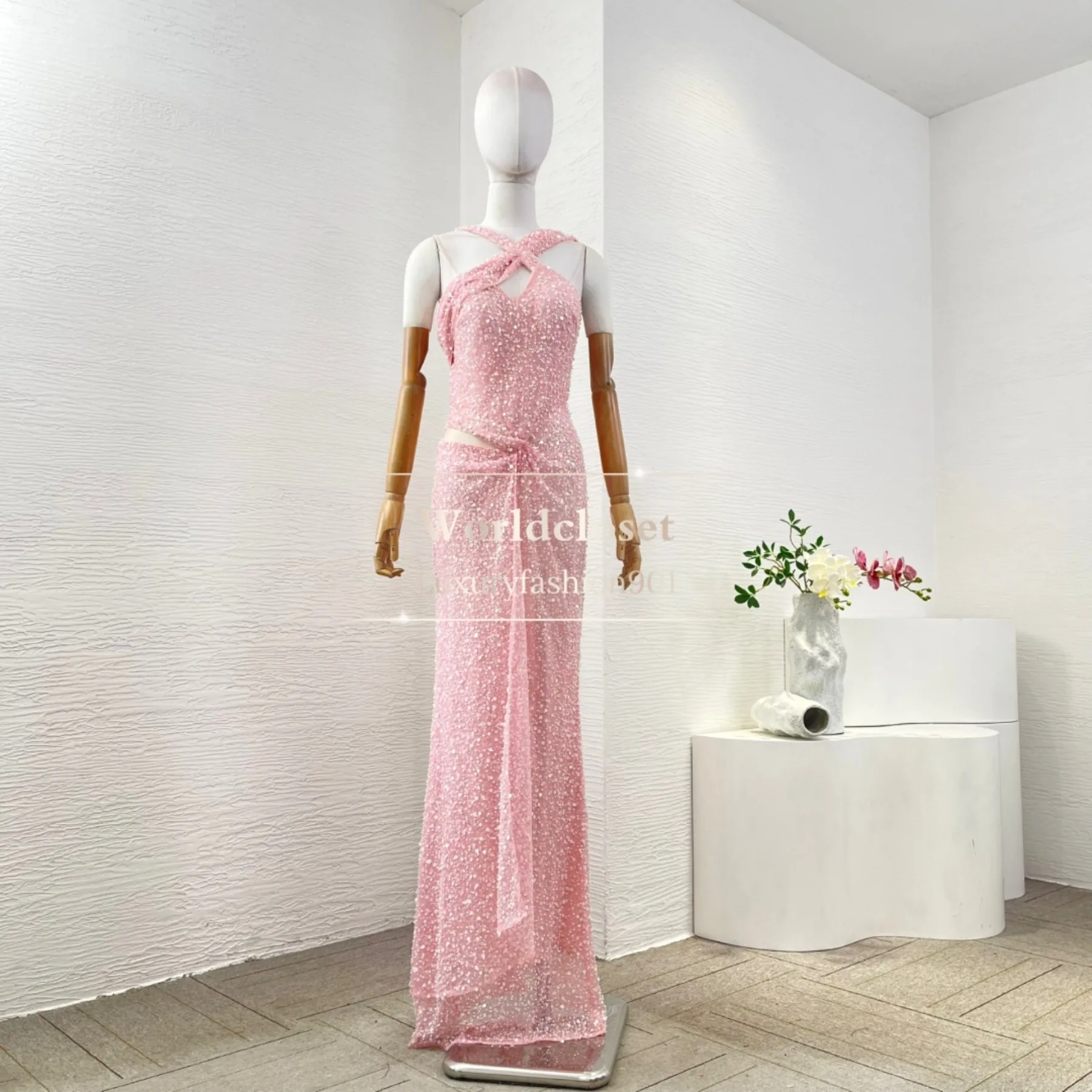 

Womens Dresses Pink Sleeveless Tube Pearl Sequin Beading Mermaid Fishtail Maxi Dress